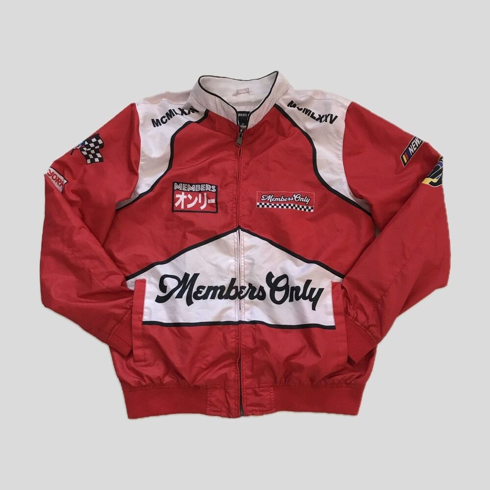Members Only Sport Red White Red Racing Logo Windbreaker Jacket Mens M